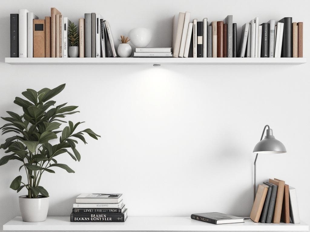 Floating shelves with books and a reading light in a cozy nook