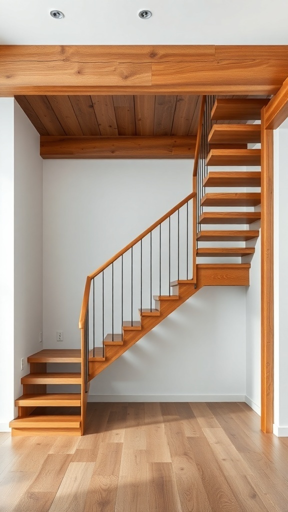A rustic floating staircase with wooden steps and a metal railing.