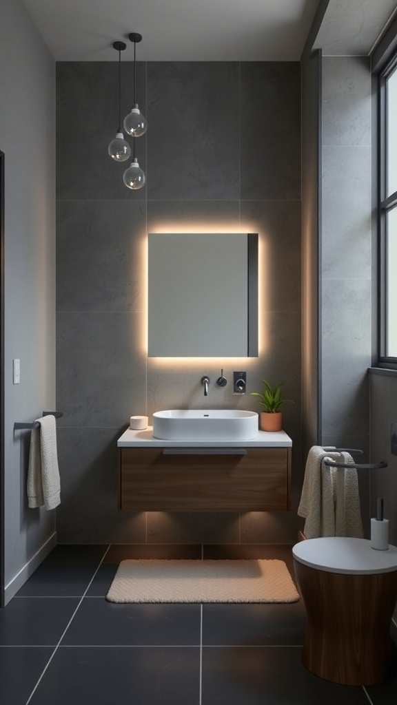 A modern bathroom featuring a floating vanity with a sleek design.