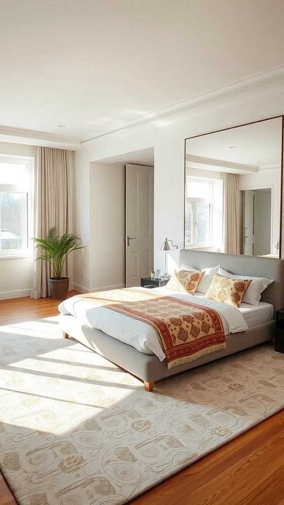 A cozy bedroom featuring a floor-to-ceiling mirror, soft bedding, and natural light.
