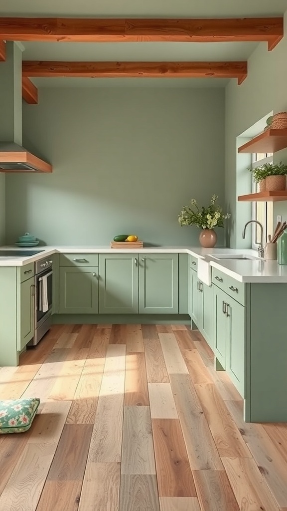 A sage green farmhouse kitchen featuring light wood flooring and natural decor.