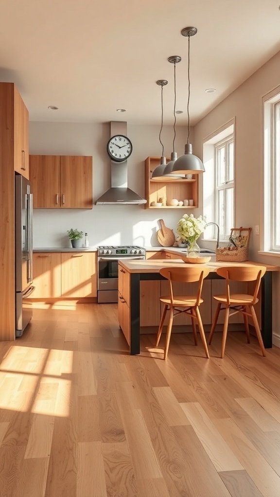 A warm modern kitchen featuring light wood flooring, wooden cabinets, and a cozy dining area.