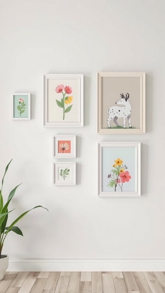 A collection of floral-embellished picture frames on a wall, featuring colorful flower illustrations.