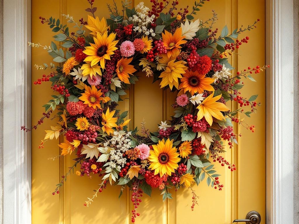 A colorful Thanksgiving wreath featuring sunflowers, berries, and various flowers on a yellow door.