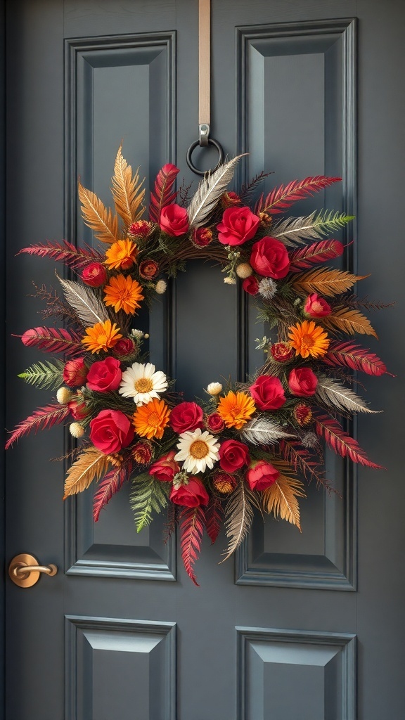A vibrant fall wreath made of flowers and feathers, featuring red roses, orange daisies, and colorful foliage, hanging on a dark door.