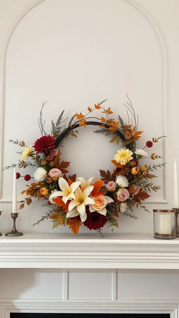 A beautiful fall wreath featuring white lilies, pink and orange flowers, and autumn leaves, displayed on a wall.