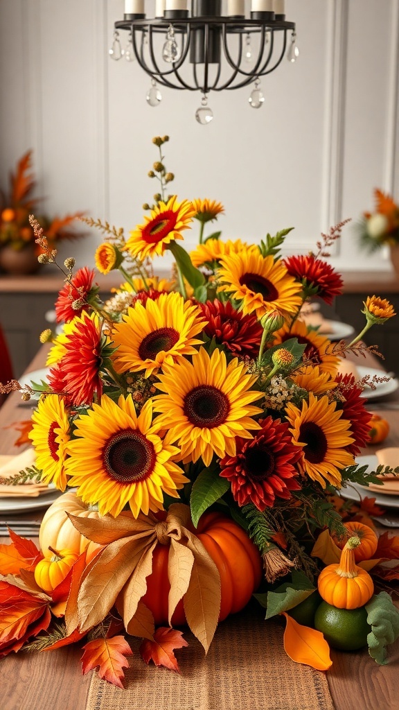 A beautiful fall floral arrangement featuring sunflowers, red daisies, and pumpkins on a Thanksgiving dinner table.