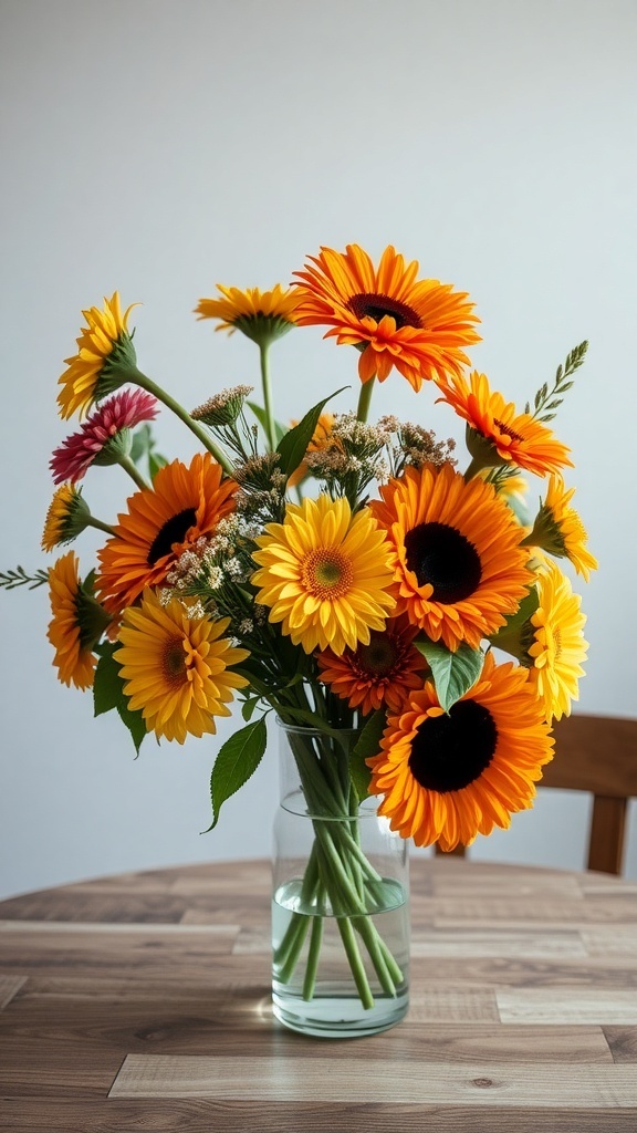 A vibrant floral arrangement featuring sunflowers and daisies in a glass vase on a wooden table.