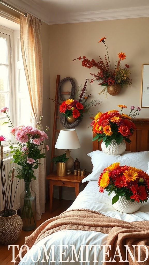 A cozy bedroom decorated with floral arrangements featuring autumn blooms, showcasing vibrant colors and inviting atmosphere.