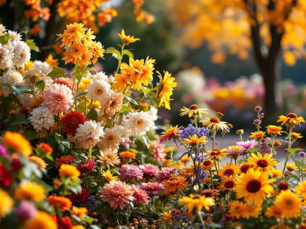 A vibrant display of autumn flowers, including sunflowers and dahlias, in warm colors like orange and yellow.