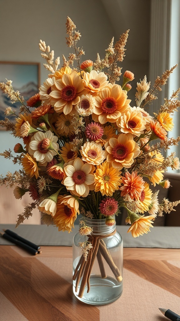 A beautiful arrangement of dried flowers in warm fall colors, displayed in a glass vase on a wooden table.