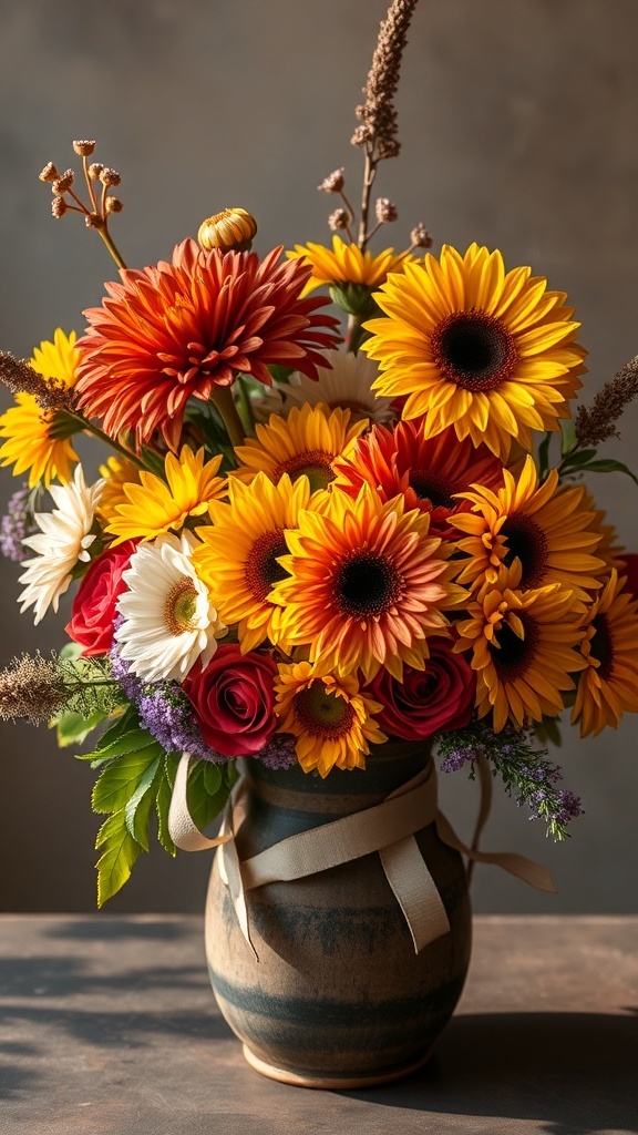 A vibrant fall floral arrangement featuring sunflowers, orange daisies, red roses, and white daisies in a rustic vase.