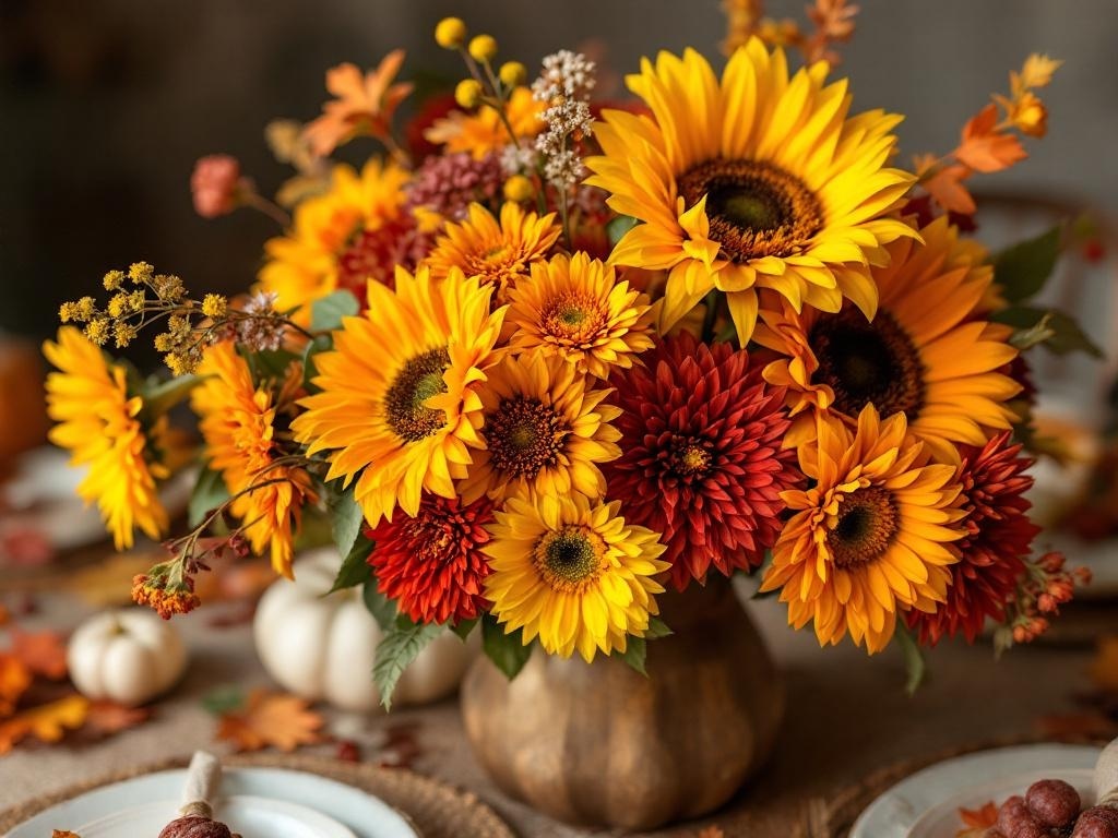A beautiful floral arrangement featuring sunflowers and chrysanthemums in warm fall colors.