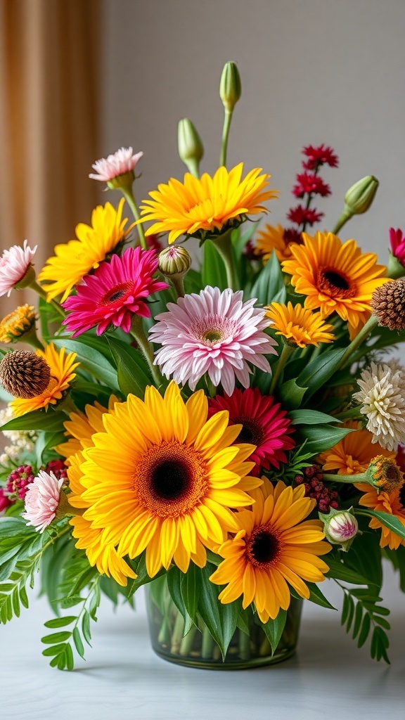 A vibrant floral arrangement featuring sunflowers, gerbera daisies, and other seasonal blooms in a vase.