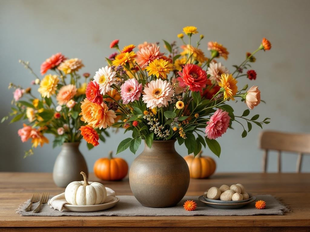 A Thanksgiving table featuring floral arrangements with seasonal blooms, pumpkins, and treats.