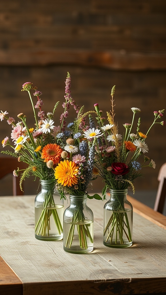 Three glass vases filled with colorful wildflowers on a wooden table.
