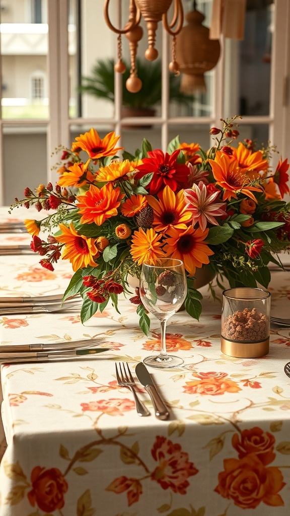 A beautifully set table with a floral centerpiece featuring autumn colors, surrounded by elegant tableware.