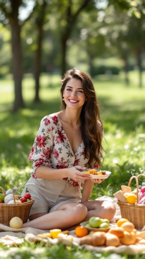 A woman sitting on a picnic blanket wearing a floral blouse and tailored shorts, smiling while holding a plate of food.