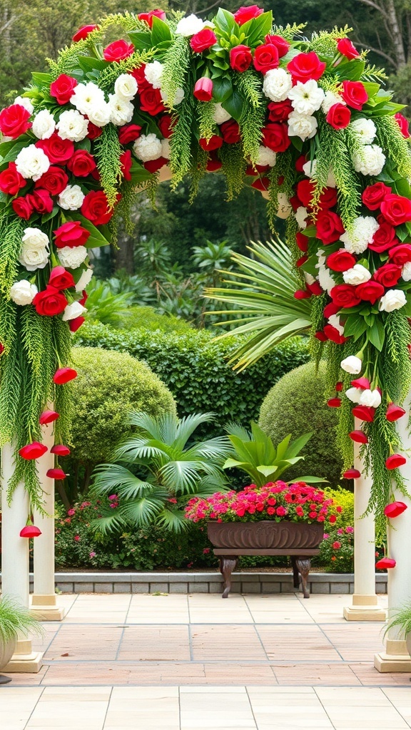 Floral Christmas archway decor with red and white flowers.