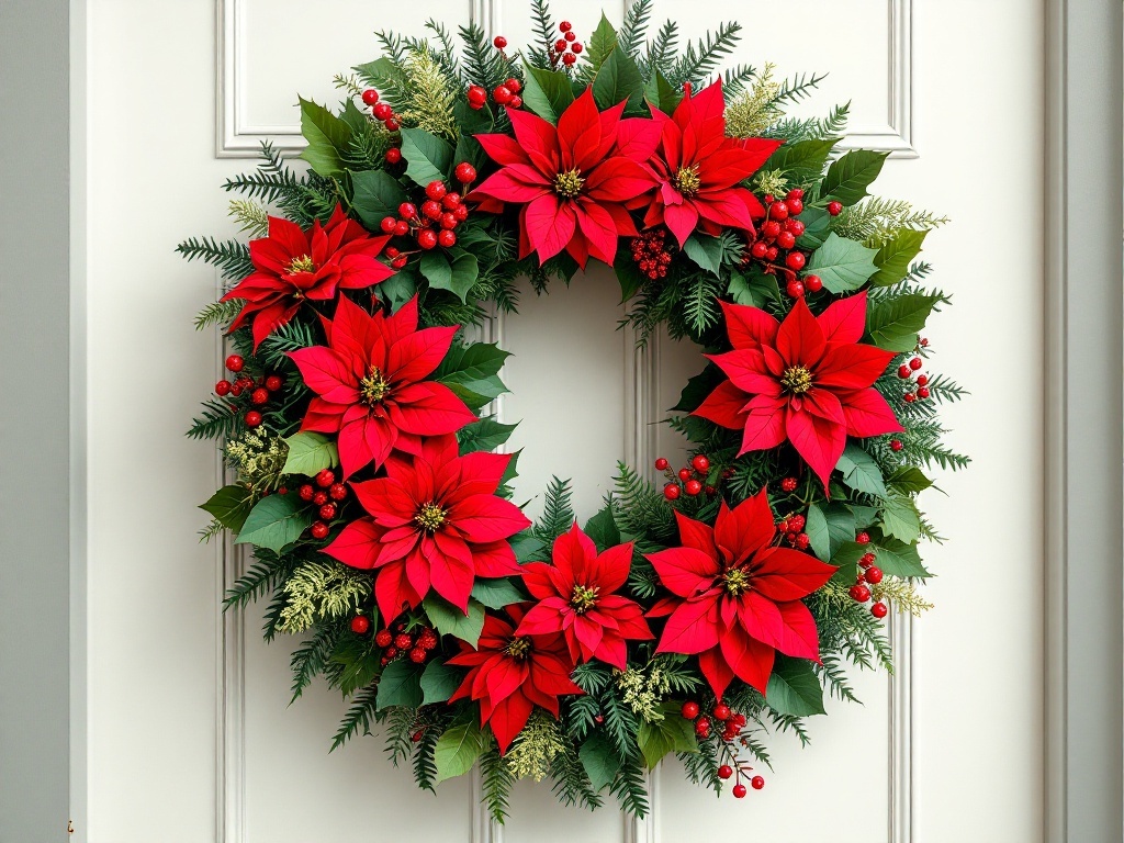 A vibrant Christmas wreath featuring red poinsettias, green leaves, and red berries, hanging on a door.