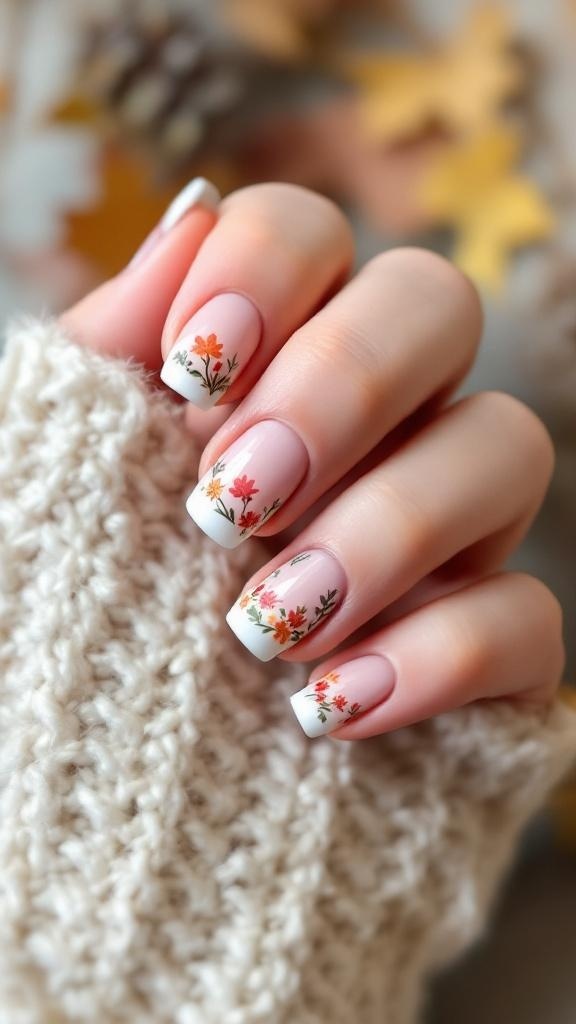 A close-up of hands with floral designs on French tip nails, wearing a cozy knitted sweater.