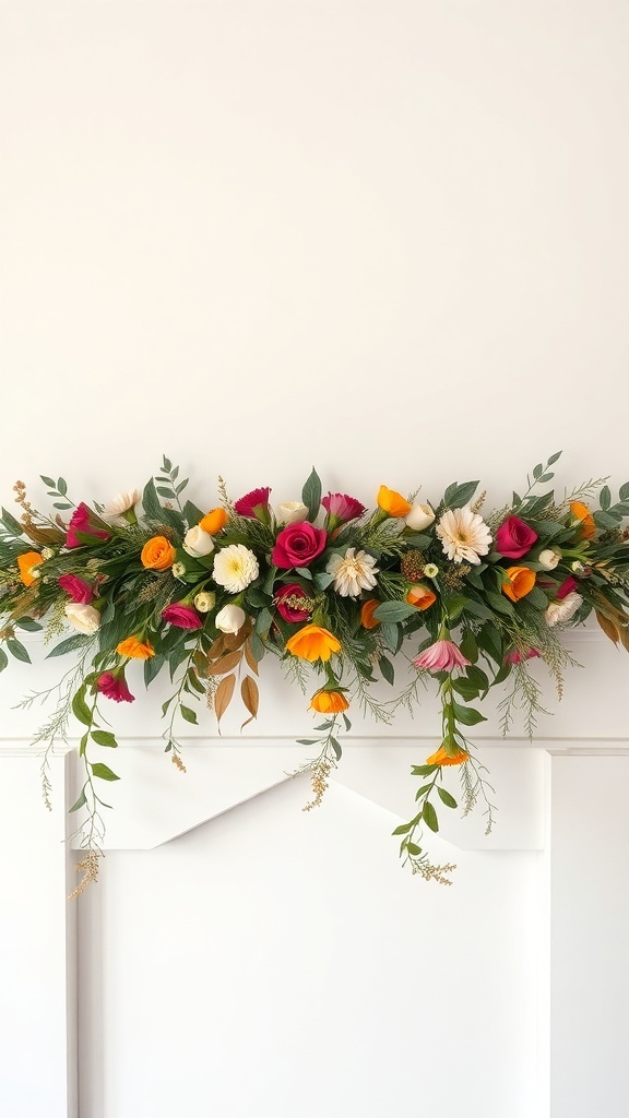 Colorful floral garland with roses, daisies, and greenery.