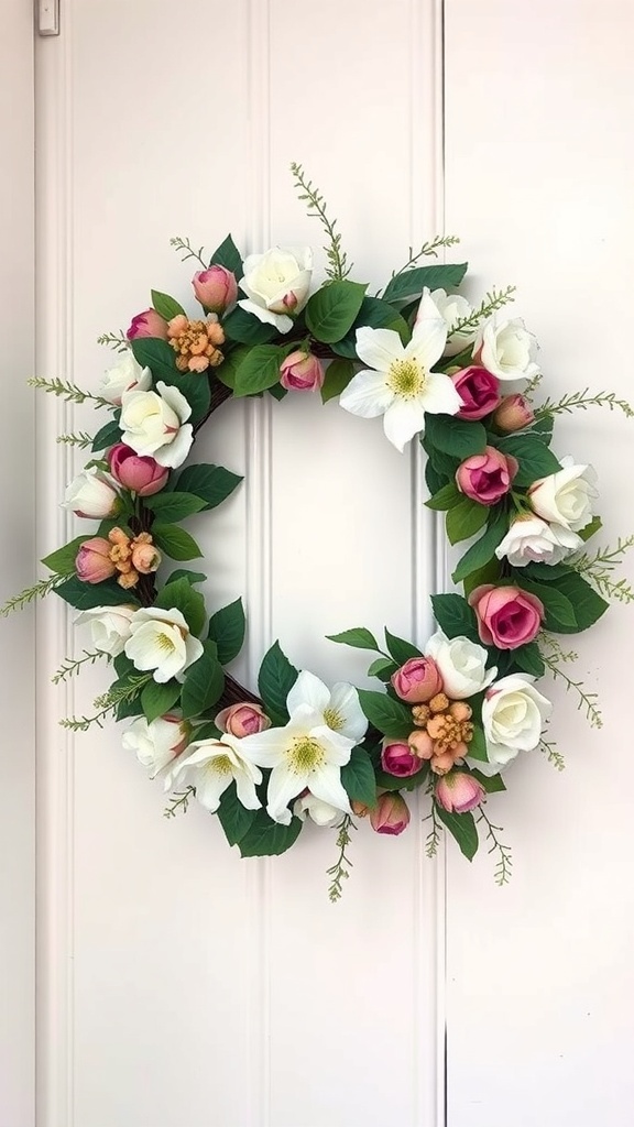 A floral wreath featuring white lilies, pink roses, and green leaves, perfect for January decoration.