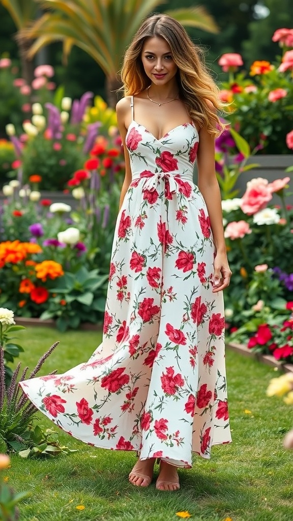 A woman wearing a floral maxi dress with strappy sandals in a garden full of colorful flowers.