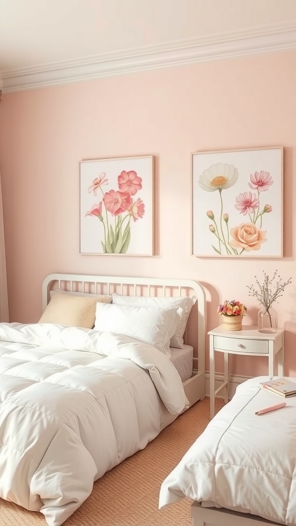 Pastel floral artwork in a cozy bedroom setting