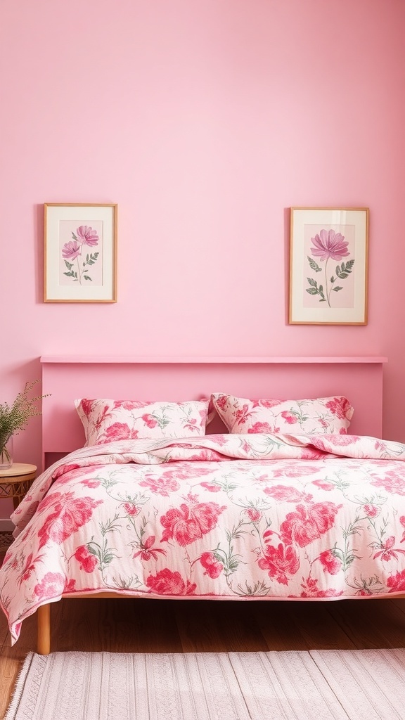 A pink bedroom featuring floral patterned bedding and framed flower prints on the wall.