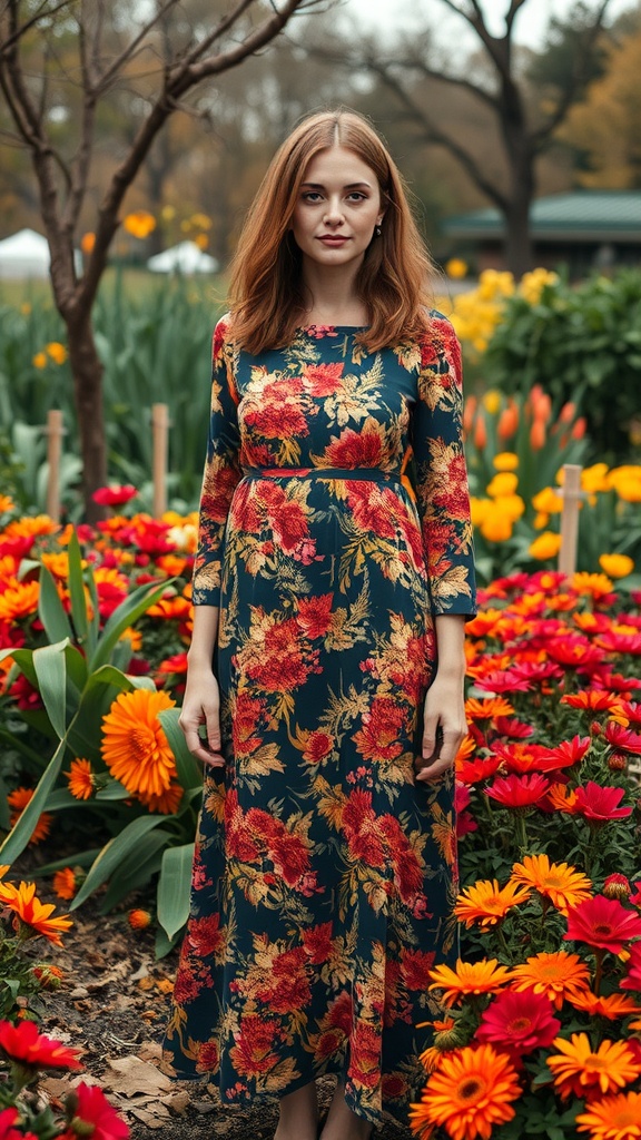 A woman in a floral dress stands amidst vibrant flowers in a garden.