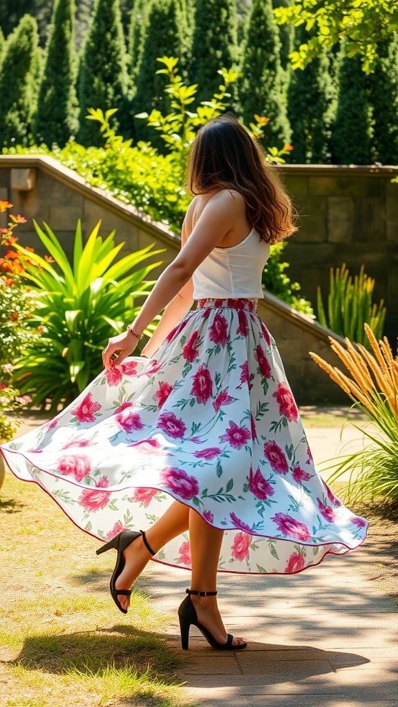 A woman wearing a floral skirt and a white top, twirling in a garden setting.