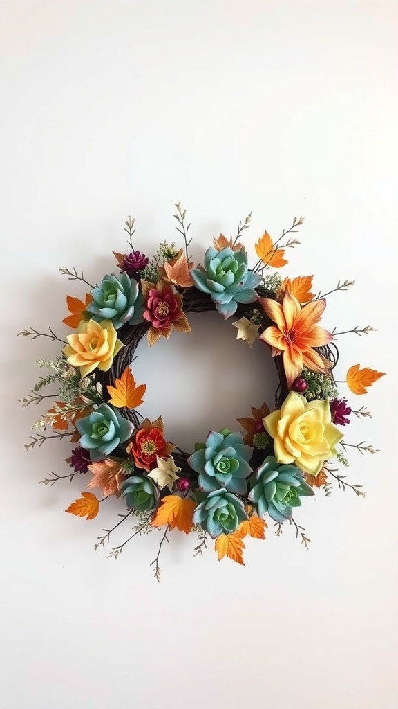 A colorful floral succulent wreath featuring succulents, flowers, and autumn leaves.
