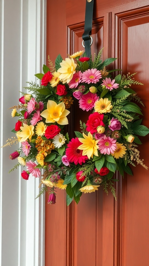 A vibrant floral wreath with yellow, pink, and red flowers hanging on a red door.