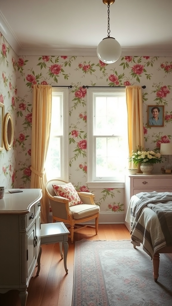 A cozy cottagecore bedroom with floral wallpaper, light curtains, and vintage furniture.