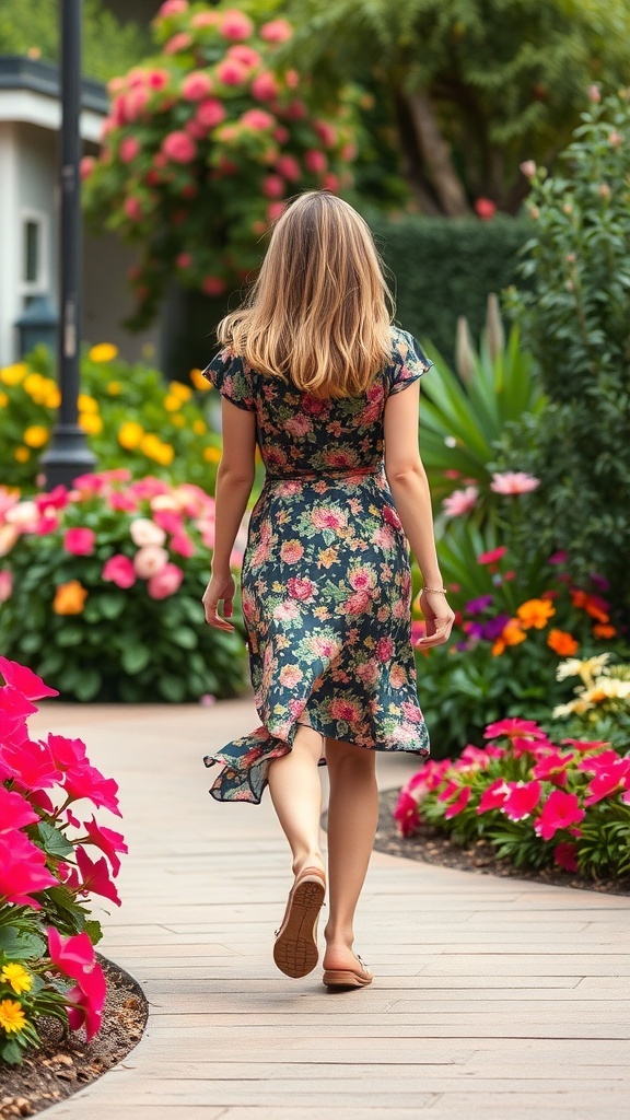 A woman walking away in a floral wrap dress and casual flats, surrounded by colorful flowers in a garden.