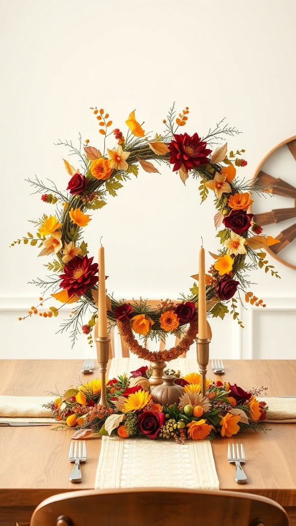 A beautiful floral wreath centerpiece with autumn colors and candles on a wooden table.