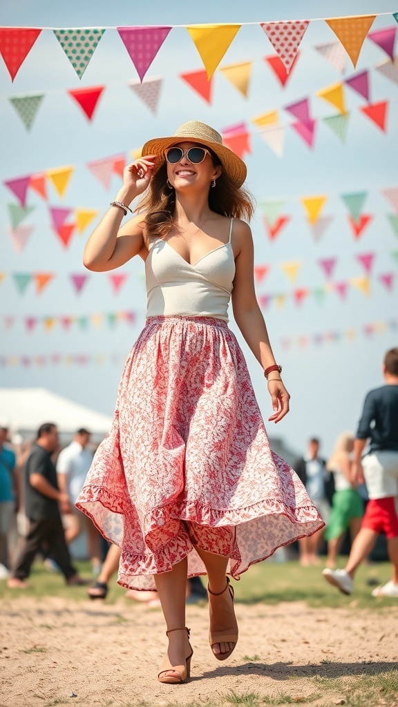 A woman in flowy culottes walking at a summer festival, wearing a hat and sunglasses.