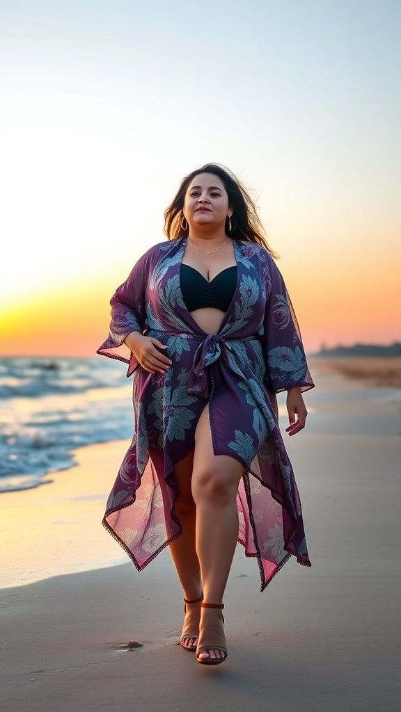 A woman walking on the beach in a flowy kimono with floral patterns, wearing a black top and sandals, during sunset.