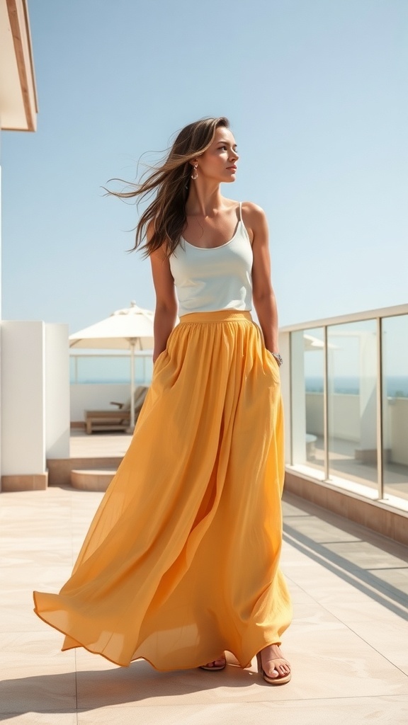 A woman in a yellow flowy maxi skirt and a tank top, standing outdoors with a sunny background.