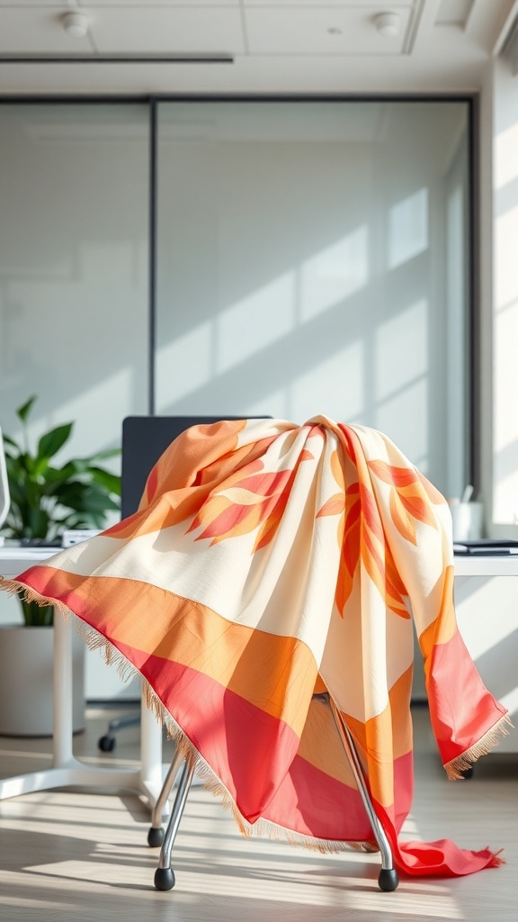 A colorful flowy scarf draped over a chair in a modern office setting.