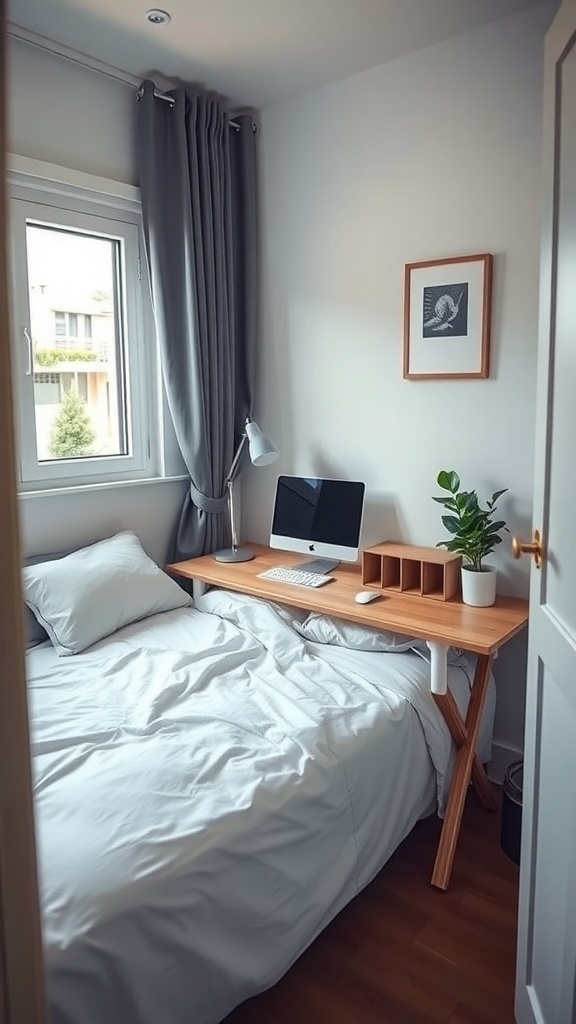 A small guest bedroom with a foldable desk, bed, and window.