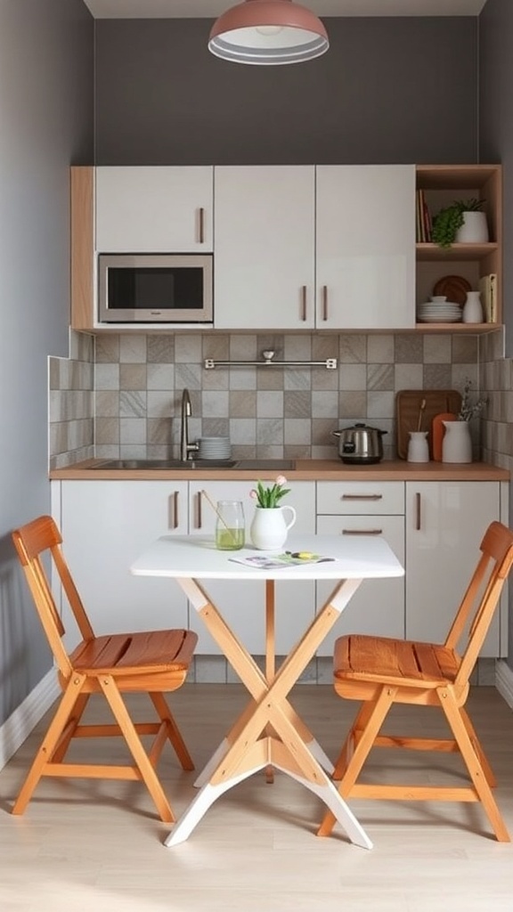 A small kitchen with foldable furniture, featuring a white table and wooden chairs.