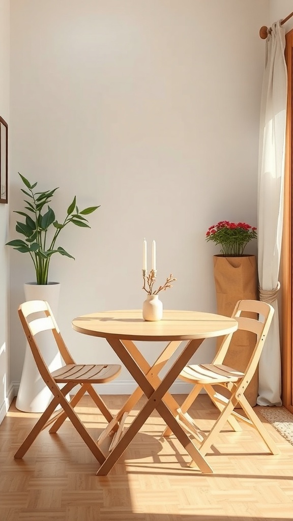 A small dining area featuring a round wooden table and two folding chairs, with plants and decorative items.