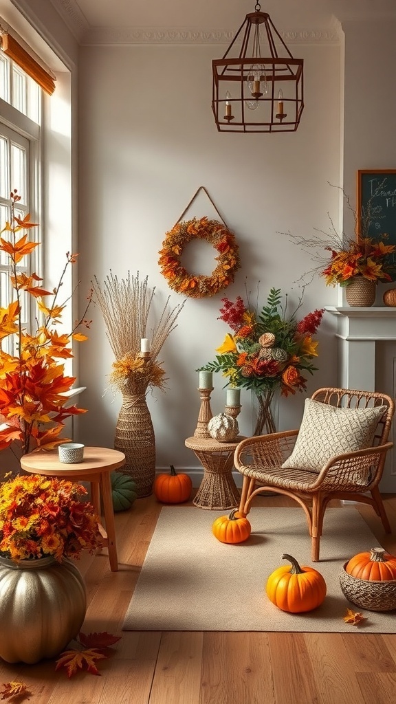 Cozy fall room with foliage and floral arrangements, featuring pumpkins and autumn colors.