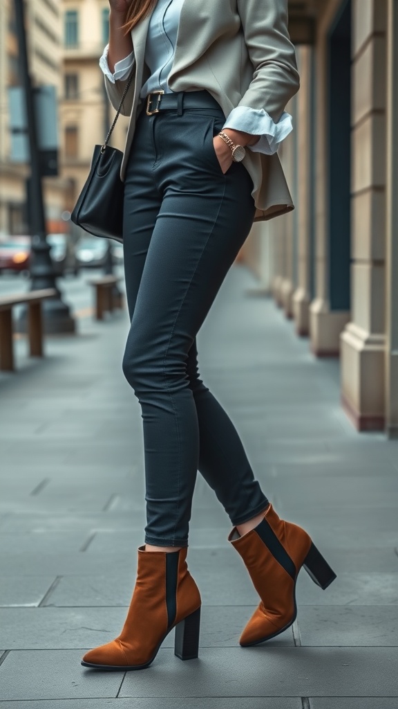 A woman wearing stylish brown ankle boots with a block heel, paired with tailored pants and a blazer, walking on a city street.