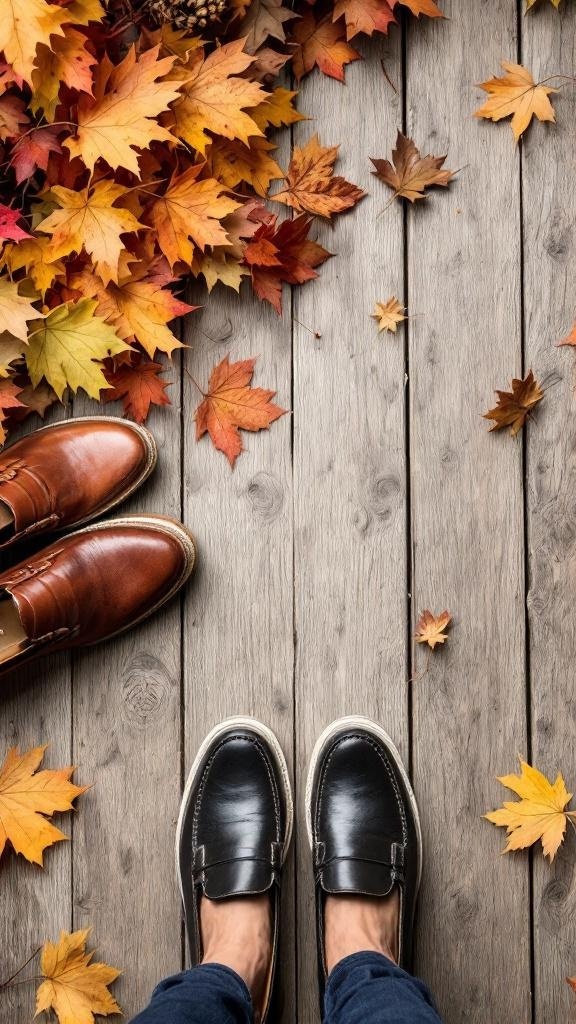 A pair of brown loafers and black slip-on shoes on a wooden floor covered with colorful autumn leaves.