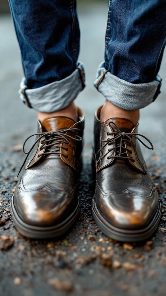 Close-up of brown dress shoes paired with rolled cuff jeans on a gravel surface.