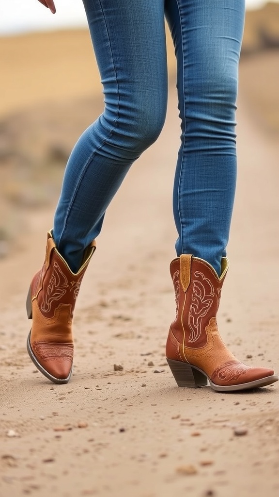 A woman walking on a dirt path wearing stylish brown cowboy boots.