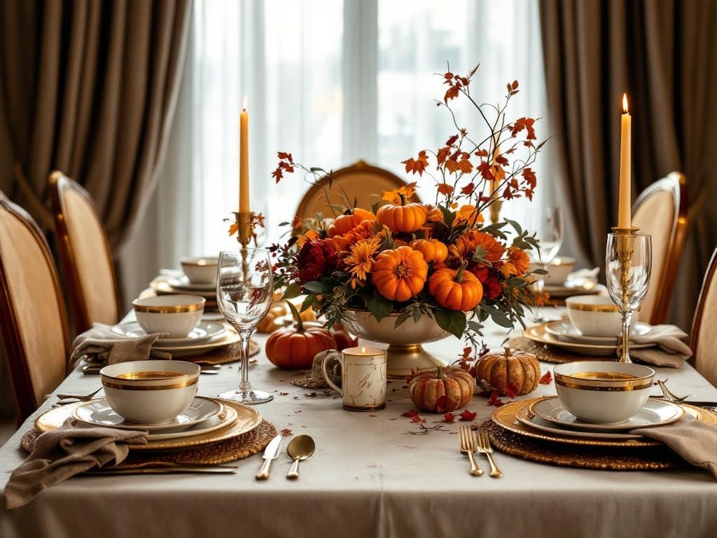 A formal Thanksgiving dinner setting with elegant tableware, a floral centerpiece, and candles.